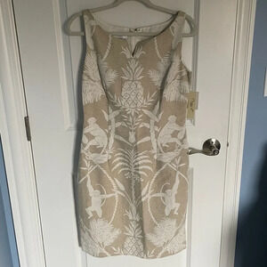 Sleeveless Beige Dress with White Tropical Motif